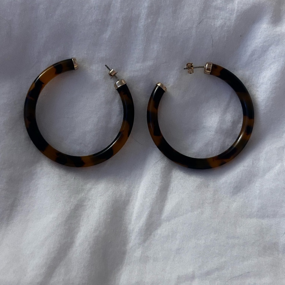 Sterling Silver 70s Tortoise Shell Hoop Earrings Disco Hippie 925